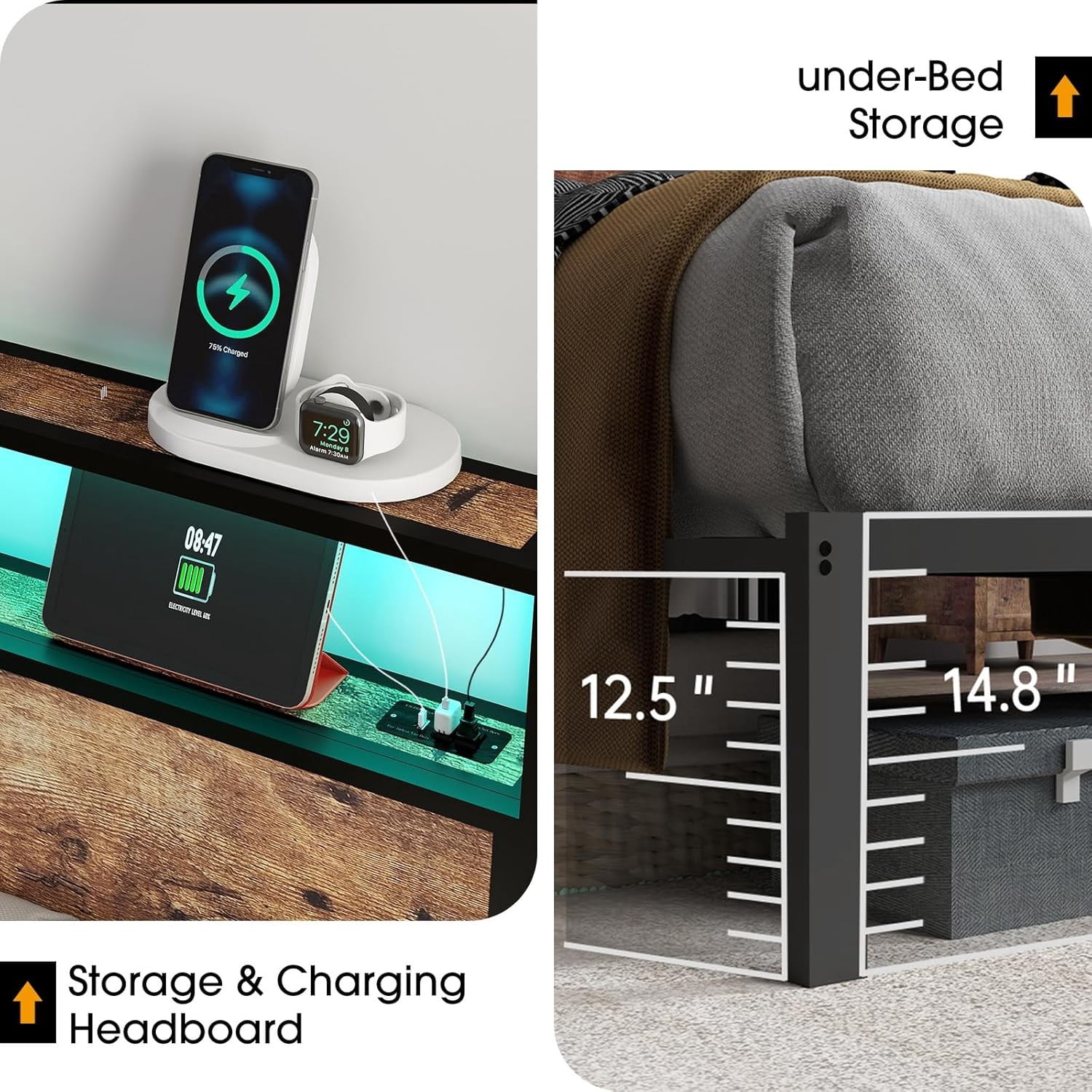 DRNANLIT King Size  Bed Metal Platform Bed Frame with LED Lights ，2 Tiers Storage Headboard,Charging Station,Noise Free, Easy Assembly,Vintage Brown