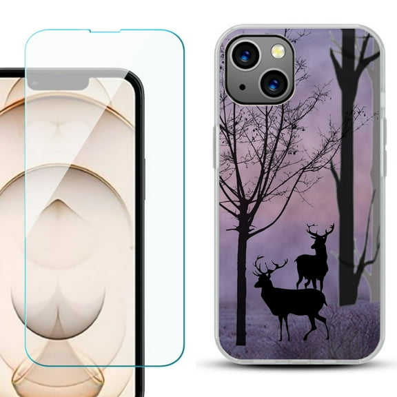 Slim-Fit Flexible TPU Gel Phone Case for iPhone 13, with Tempered Glass Screen Protector, by OneToughShield ® - Forest/Deer/Twilight