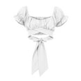 thumbnail image 6 of MRULIC t shirts for women Women's Fashion Ruffle Short Sleeve Off Shoulder Tie Up Back Crop Blouse Top Womens t shirts White + S, 6 of 9