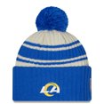 thumbnail image 2 of Men's New Era Cream/Royal Los Angeles Rams 2022 Sideline Sport Cuffed Pom Knit Hat, 2 of 2