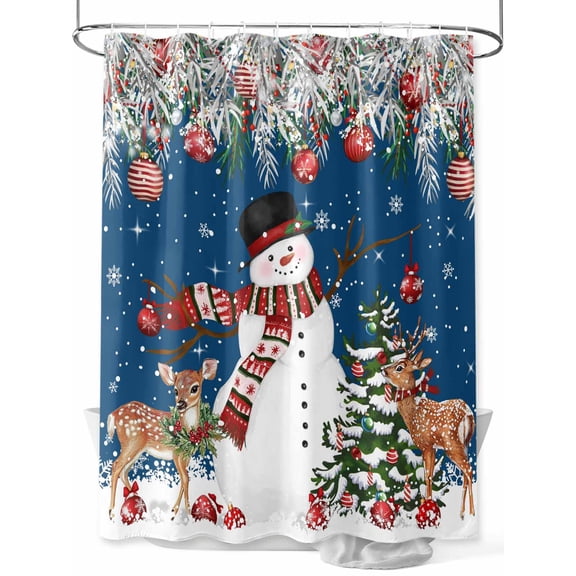 Navy Blue Christmas Shower Curtain Set, Waterproof Shower Curtains for Bathroom, Snowman Xmas Tree Ball Elk Snowflake Washable Fabric Cloth Bath Curtain for Bathtub Decoration with Hooks 72x78 Inches