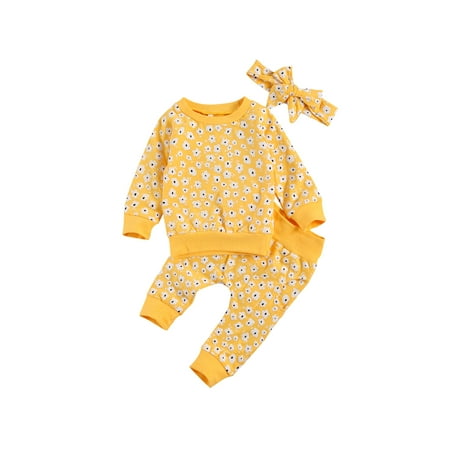 

Peyakidsaa 3Pcs Baby Boys Girls Flower Printed Suit Long Sleeve Pullover Tops with Long Pants and Printed Hairband