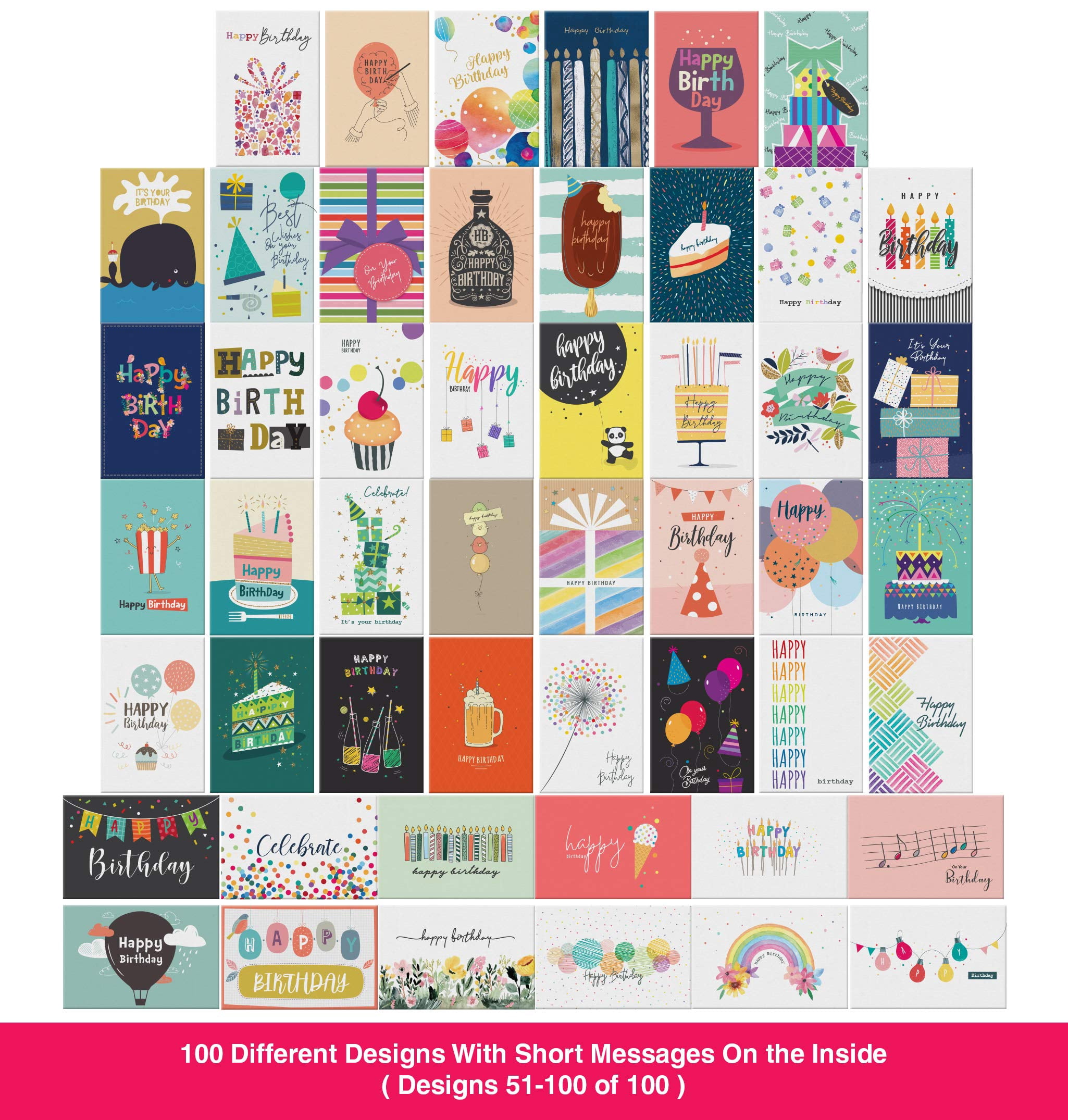 Dessie® 100 Happy Birthday Greeting Cards with Unique Designs and Birthday Wishes, 5” x 7”