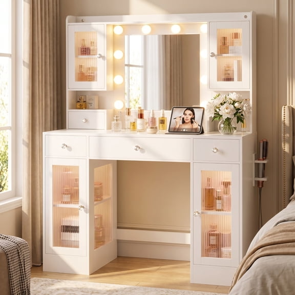 43" Makeup Vanity Desk with Mirror & Lights, 4 Fluted Acrylic RGB Cabinets, Built-in Power Station, 4 Drawers, Crystal Handles, Modern Dressing Table for Bedroom, White