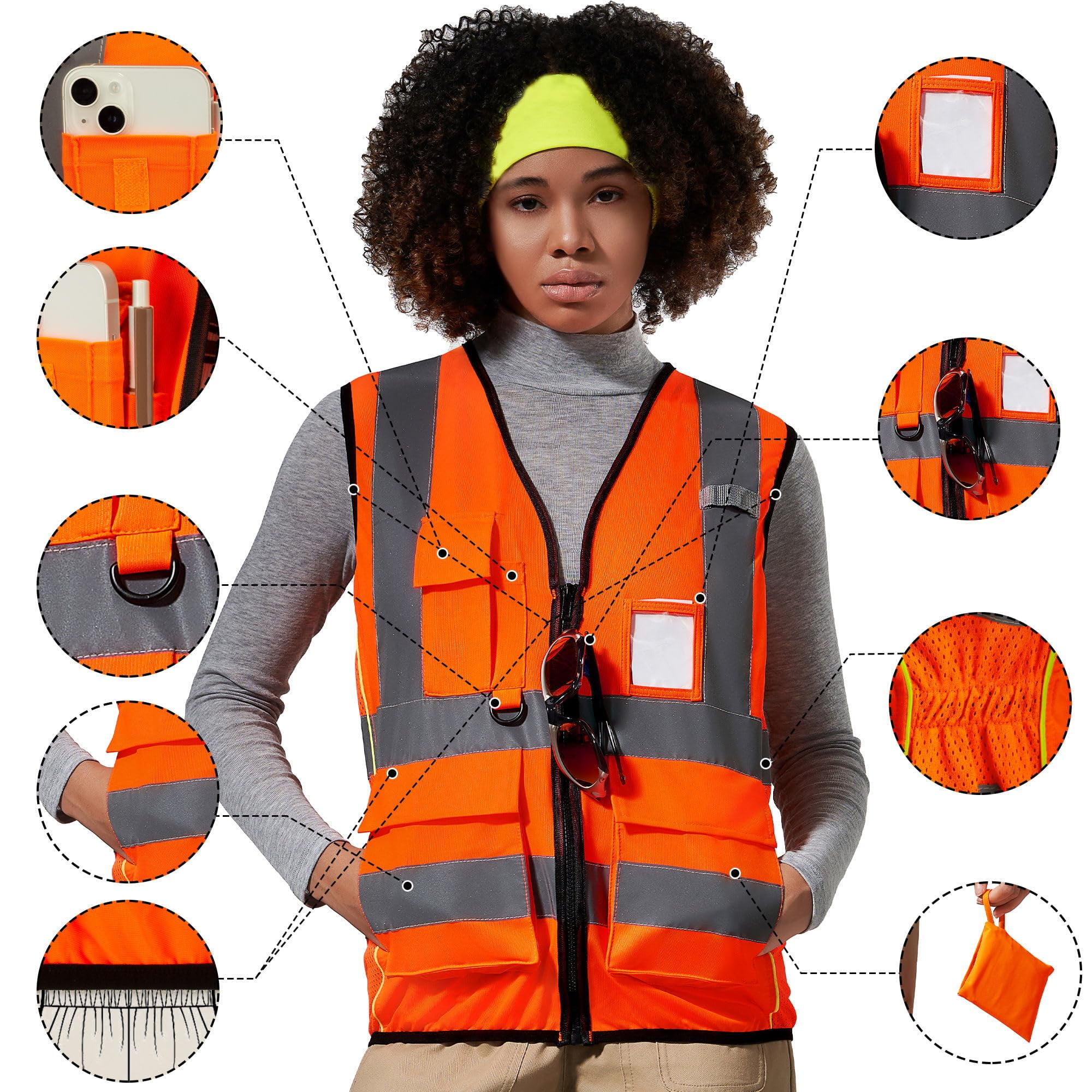 A-SAFETY High Vis Safety Vest for Women - Reflective Strips, Multi-Pockets, Zipper Closure