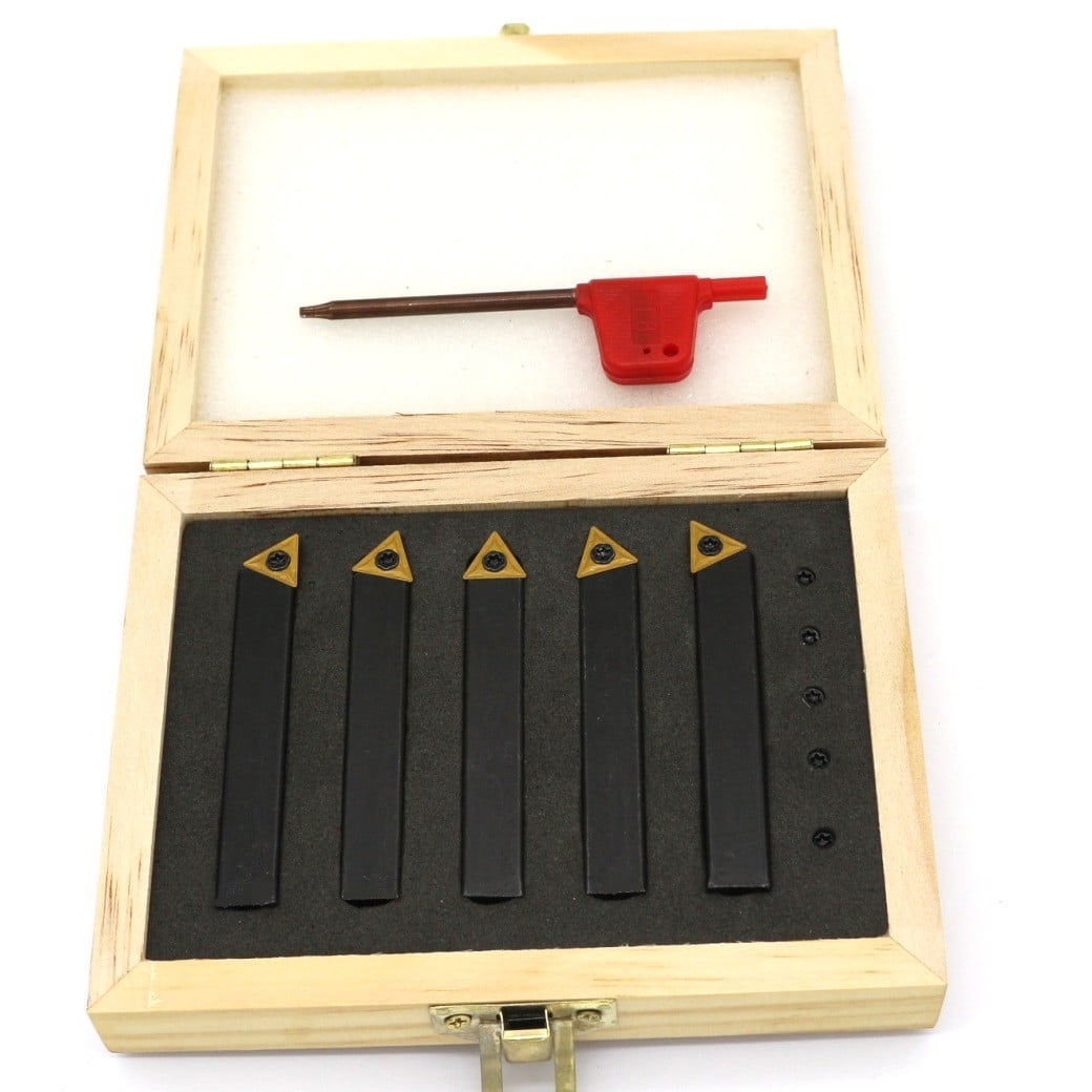 Indexable Carbide Insert Lathe Turning Tool Bit Set in Wooden Box 5PC 1/4" Shank 