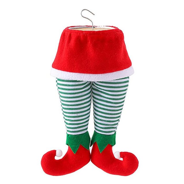 Peluche navideño con patas de elfo y Papá Noel pegado en la decoración del árbol de Navidad