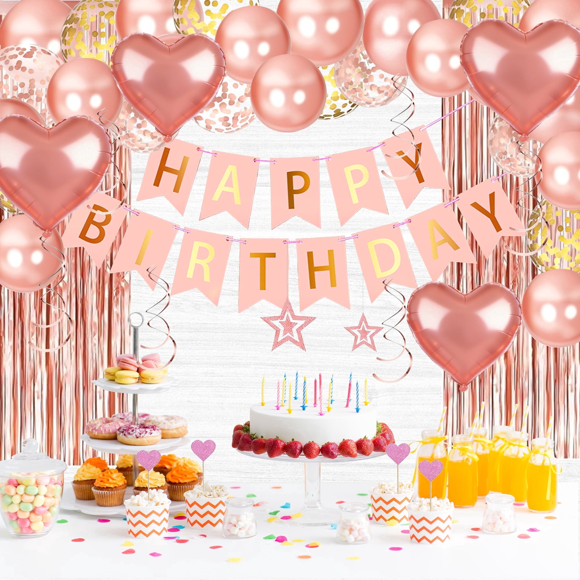 Birthday Decorations Set Happy Birthday Banner Rose Gold Heart and Confetti Balloons Foil Curtain Backdrop Hanging Swirls Star Cutouts and Cupcake Toppers for Girls