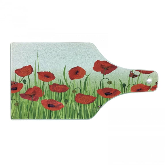 Flower Cutting Board, Grass Flowers Butterfly Floral Arrangement Summer Greenland Work of Art Print, Tempered Glass Cutting and Serving Board, Wine Bottle Shape, Green and Red, by Ambesonne
