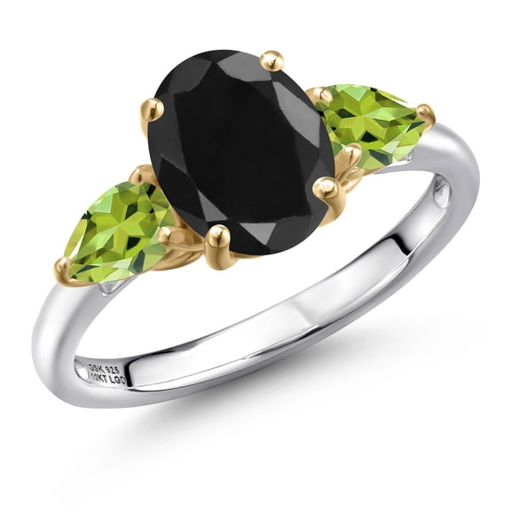 Gem Stone King 925 Silver and 10K Yellow Gold Black Sapphire and Green Peridot Engagement Ring for Women | 3.33 Cttw | Oval 9X7MM | Gemstone September Birthstone | Size 7