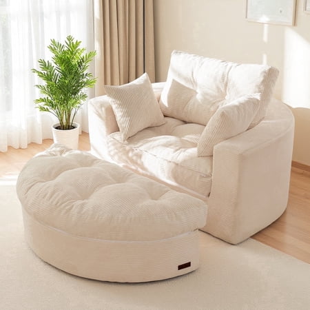BYBYME 49''Round Chaise Lounge Chair,Corduroy Sofa Bed With Deep Seat,Upholstered Boneless Chaise Indoor,Cozy Sleeper Couch for Living Room with Ottoman,Beige