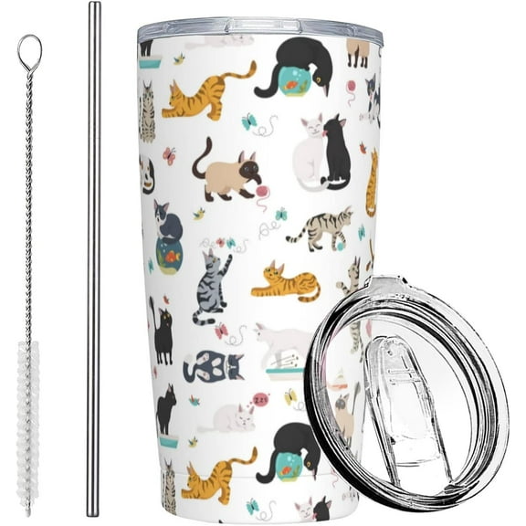 Cat Tumbler with Lid and Straw, 20 Oz Stainless Steel Cups Insulated Water Bottle Coffee Mug, Cat Gifts for Cat Lover