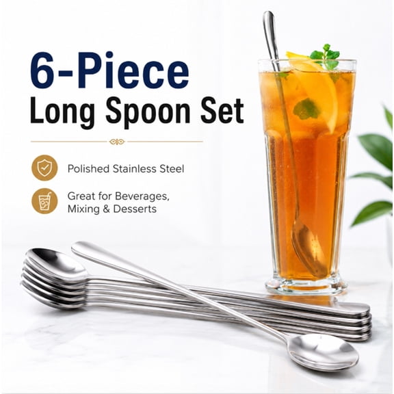 6 Pack 7.5 Inch Long Spoons, Teaspoons for Ice Cream, Coffee, Soup and Tea, TIKA