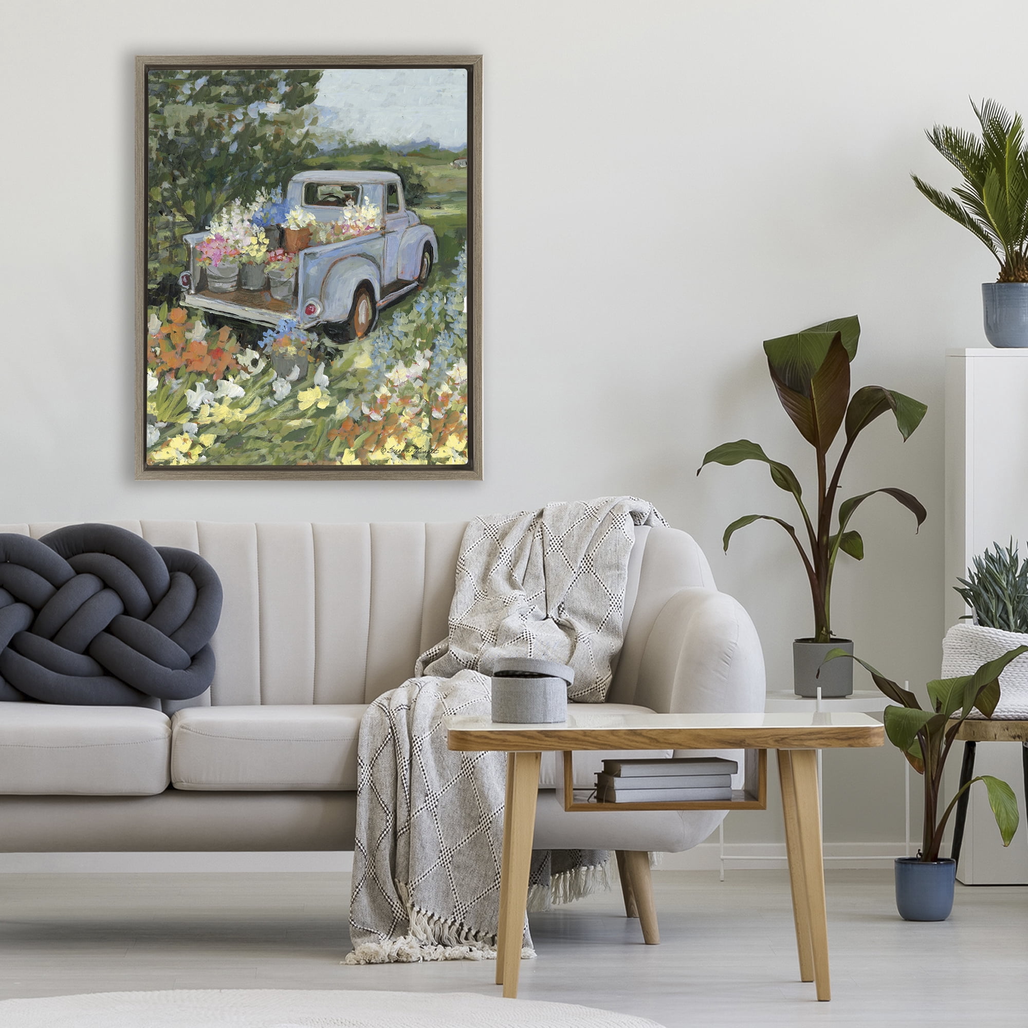 Stupell Industries Truckin' Field with Flowers Brown Framed Floater Canvas Wall Art, design by Susan Winget