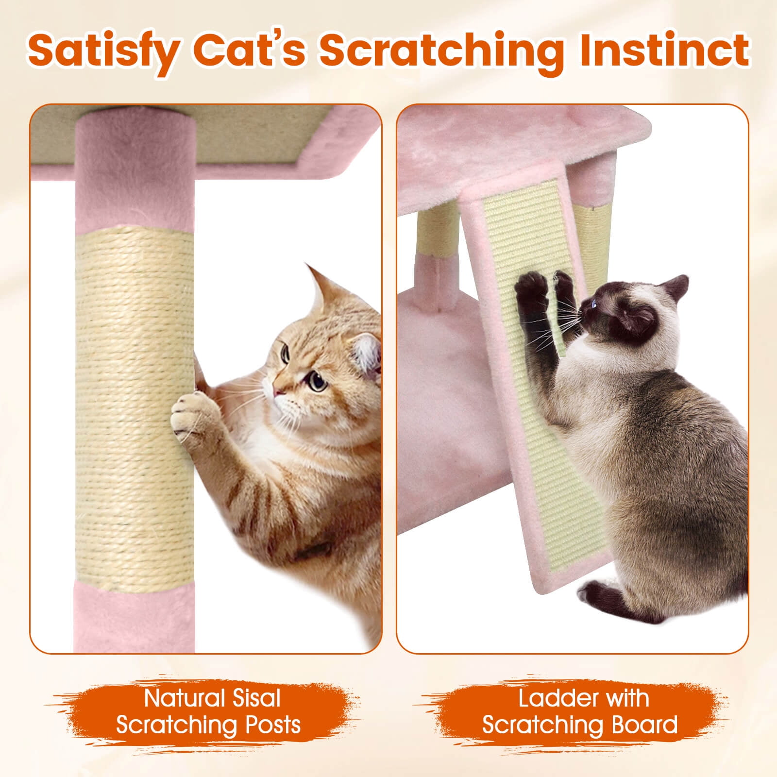 Costway 65” Tall Multi-level Cat Tree with 3 Upholstered Top Perch 2 Cat Condos Cat Basket Pink