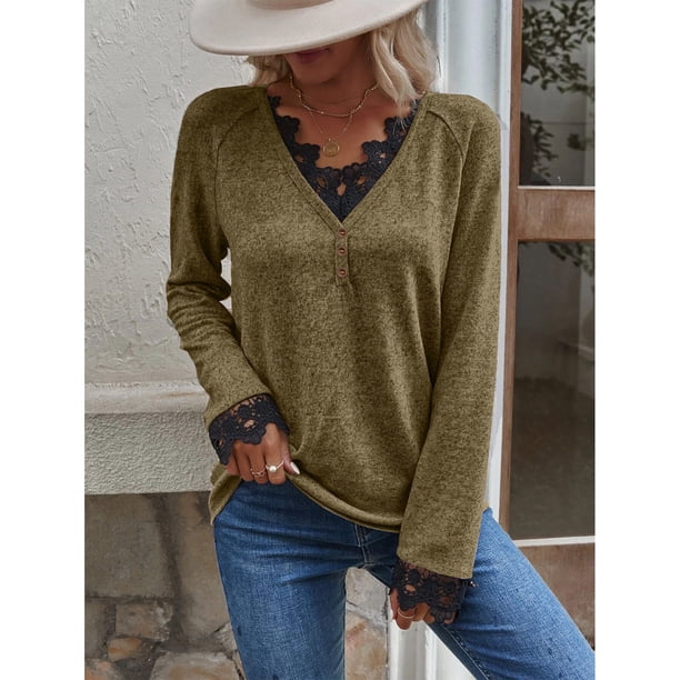 Prendas De Punto Para Mujer, Costura De Encaje, Jersey Para Mujer, Lavable A Máquina, Mangas Raglán, Cuello En V, Manga Larga Para El Trabajo Para Citas