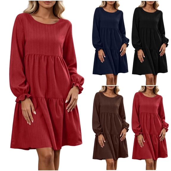 Tqcoqu Fall Dresses for Women 2026,Crew Neck Long Lantern Sleeve Casual Loose Flowy Swing Shift Dress