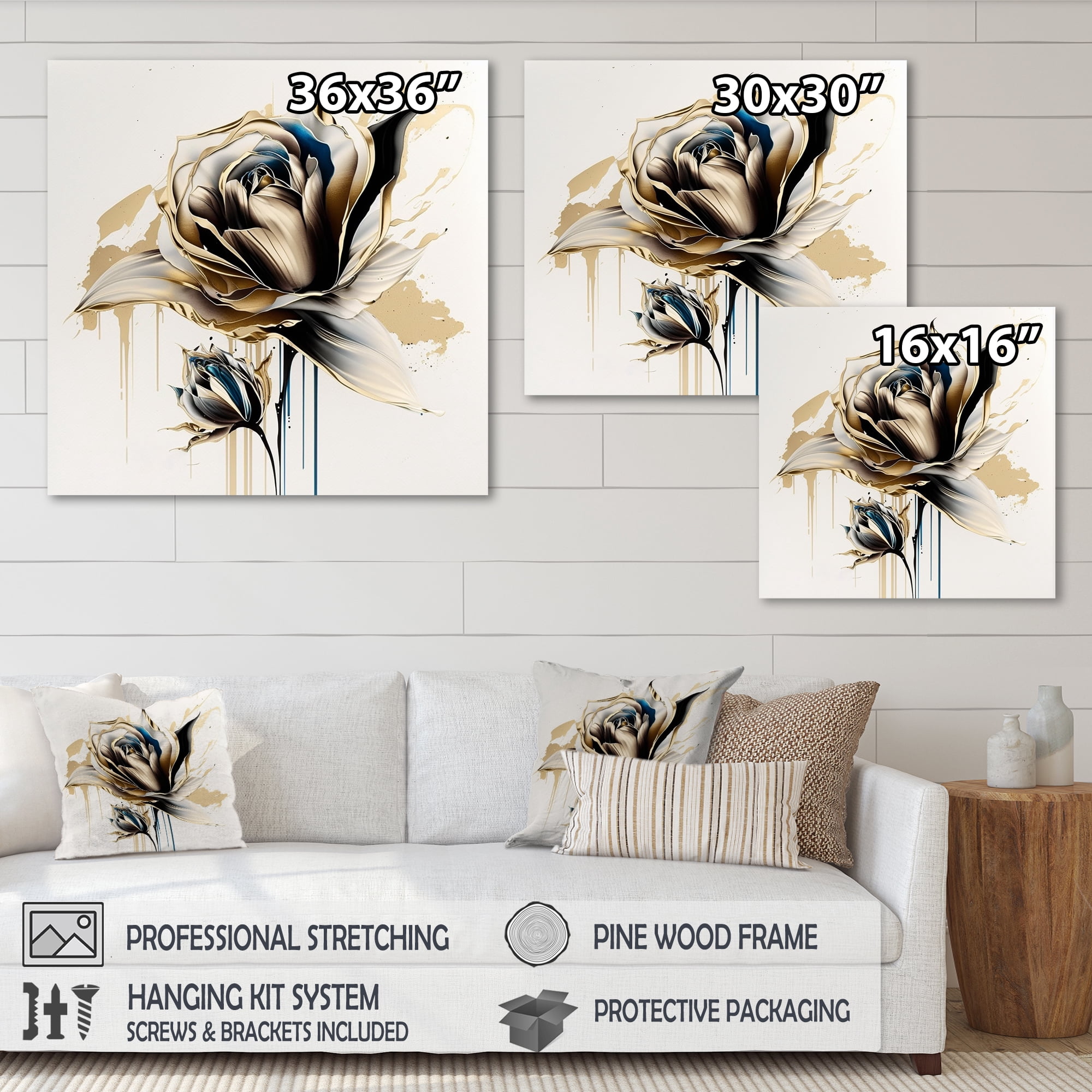 Designart Roses Flow Flower On Golden Beige Paint II Canvas Wall Art