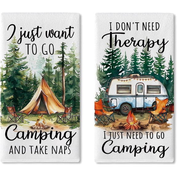 Go Camping Kitchen Dish Towels Set of 2, Watercolor Camper RV Tent Forest Adventure Drying Hand Towel Baking Cooking Cloth, Farmhouse Campsite Bonfire Bathroom Home Decoration 18'' x 26''