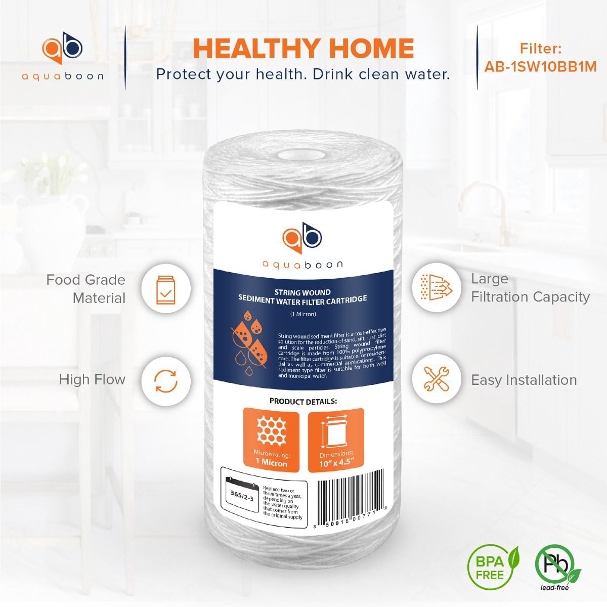 Aquaboon 1 Micron 10" String Wound Sediment Water Filter Cartridge | Whole House Sediment Filtration | Compatible with 84637, WPX5BB97P, PC10, 355214-45, 355215-45, WP10BB97P WP5BB97P 20-Pack