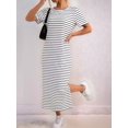 thumbnail image 4 of Women'S Crew Neck Short Sleeve All-over Striped Side Split Loose Midi Casual Dress Black & White L, 4 of 7