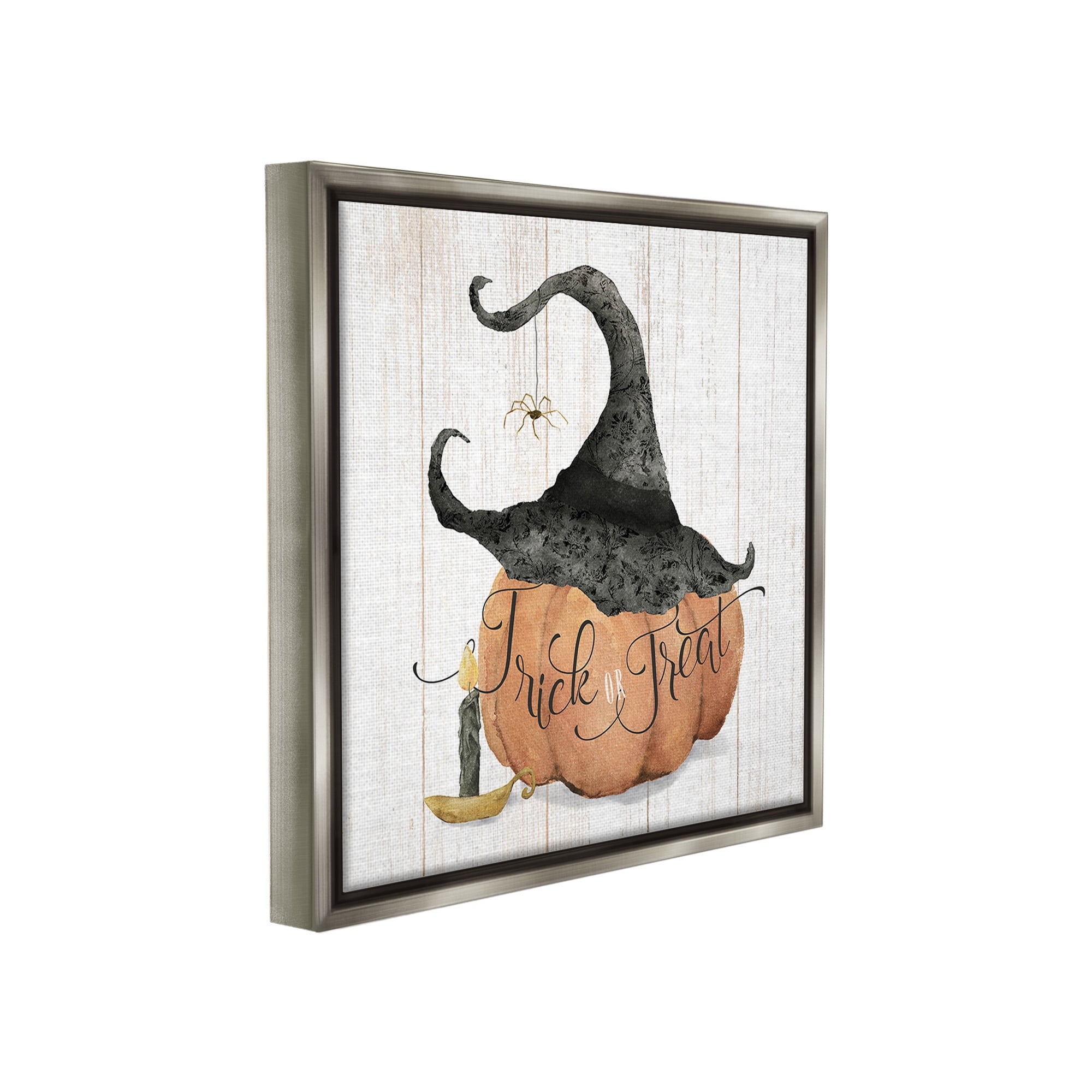 Stupell Industries Pumpkin & Witch Hat Holiday Painting Gray Floater Framed Canvas Art Print Wall Art, 25 x 25