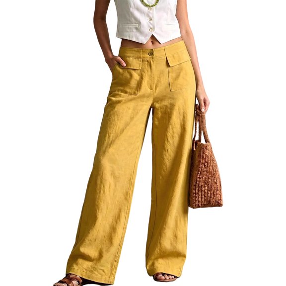 JUUNthy Womens Wide Leg Pants, Front Patch Pocket Button Closure High Waist Summer Pants for Daily Holiday Travel Wear Yellow M
