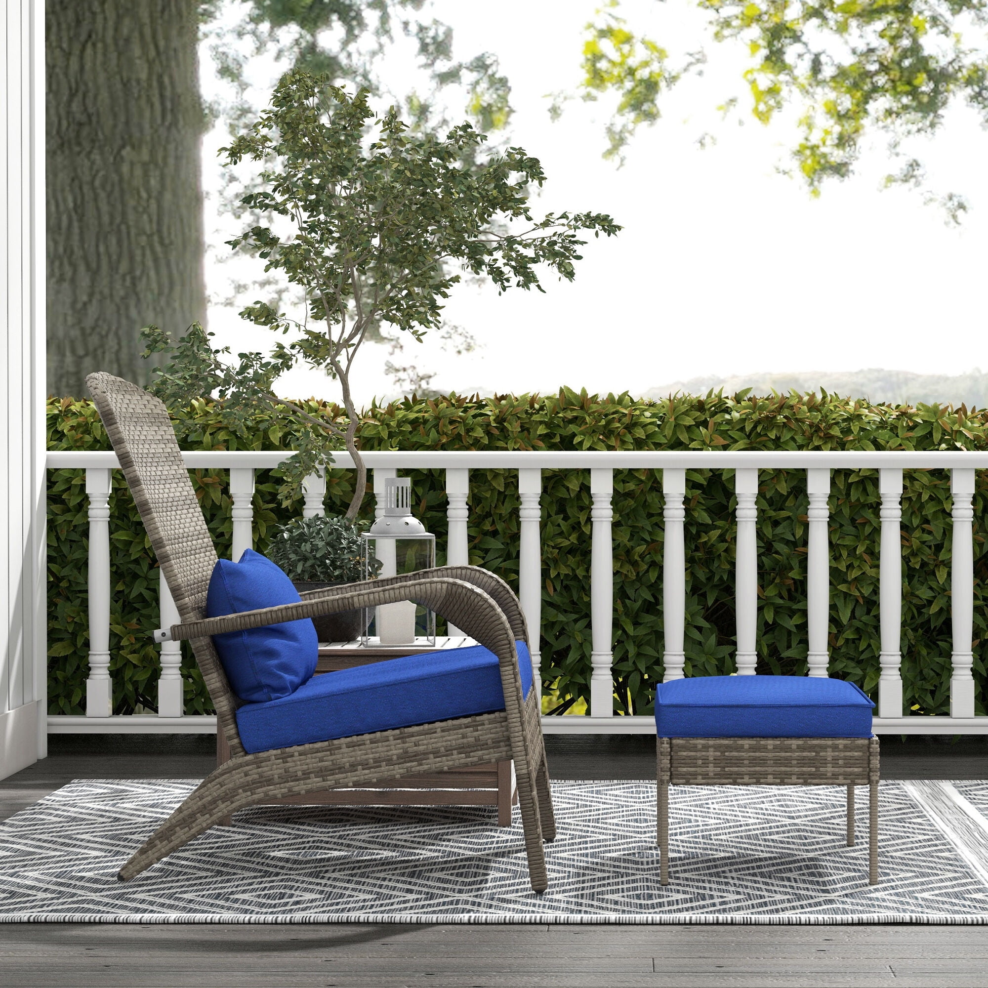 Patio Furniture Outsunny Patio Wicker Adirondack Chair with Ottoman, Outdoor Fire Pit Chair with Cushions, High-Back, Large Seat & Armrests for Deck, Garden & Backyard, Dark Blue,Patio Chairs
