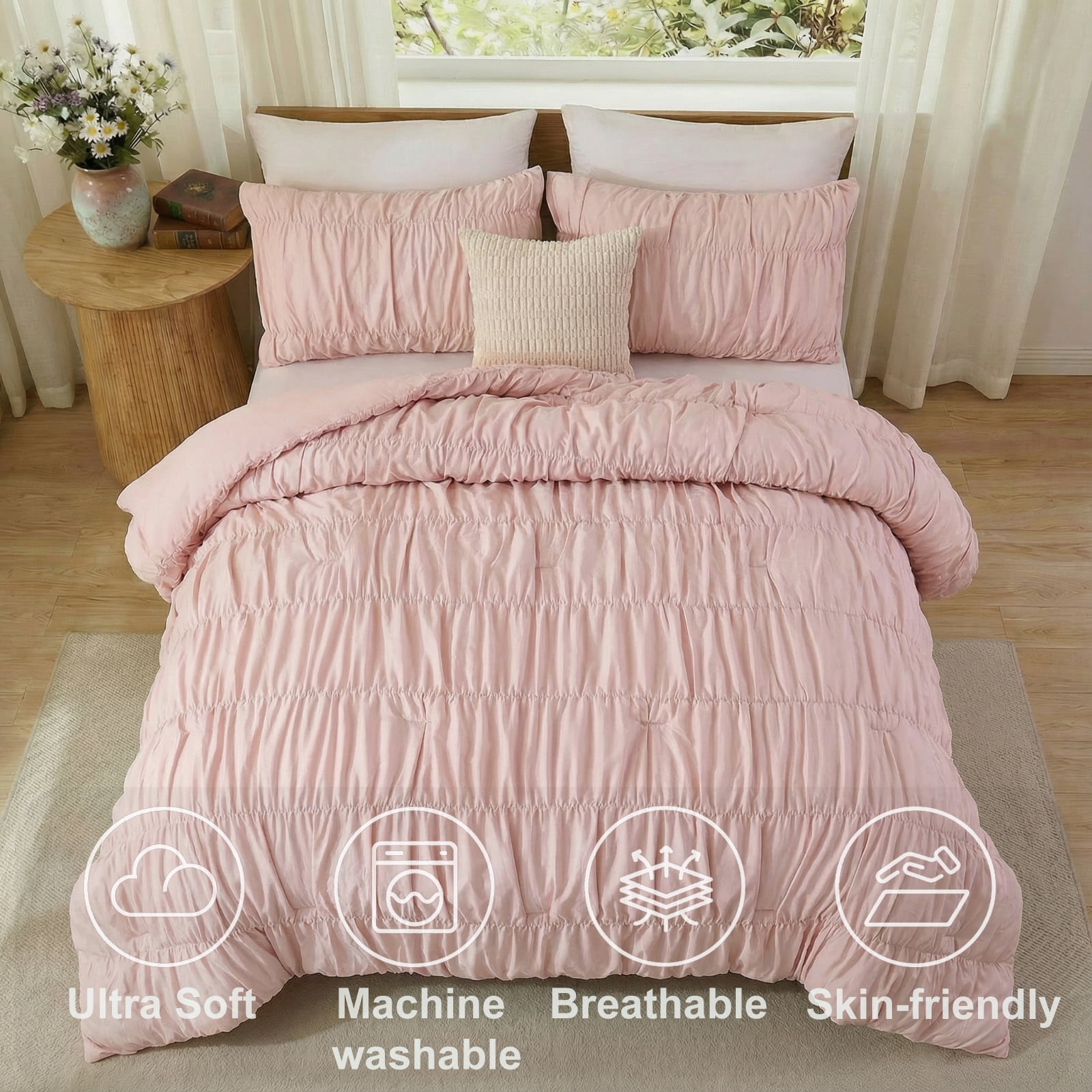 100% Cotton Pink Wrinkle Duvet Cover Set King Size,Ruched Bedding Comforter Cover,Shabby Chic Ruffled 3 Pcs Queen Duvet Cover Set,Bohemian Boho Bedding Set with 1 King Duvet  Cover 2 Pillowcases