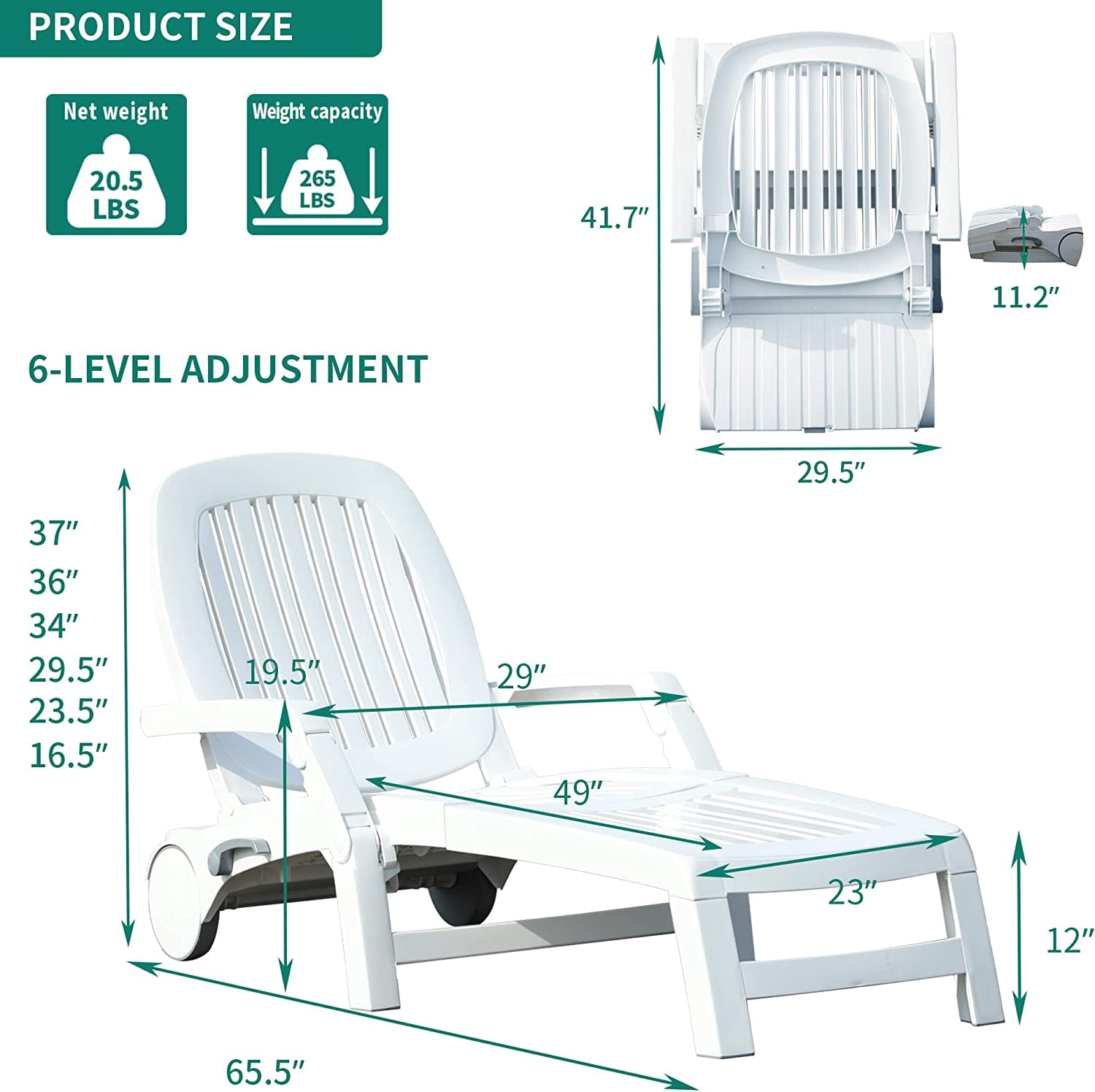 Dextrus Outdoor Folding Chaise Lounge Chair with 6 Adjustable Backrests, Foldable Poolside Lounger with Wheels, Plastic Recliner for Patio, Beach,Easy Assembly, Lightweight, Waterproof, White (2)