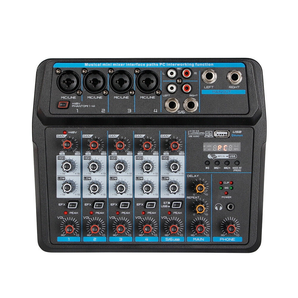 Miumaeov Pro 6-Channel Live Audio Mixer Bluetooth USB DJ Sound Mixing Console Amplifier