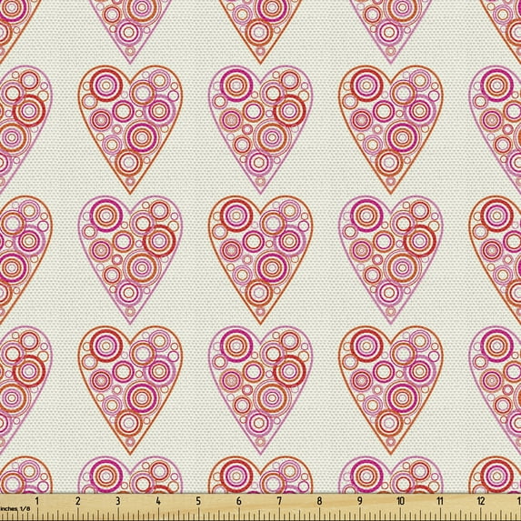 Romantic Fabric by the Yard Upholstery, Love Theme Hearts from Circles Valentine's Day Geometric Design Pop Art, Decorative Fabric for DIY and Home Accents, Ivory Magenta Orange by Ambesonne