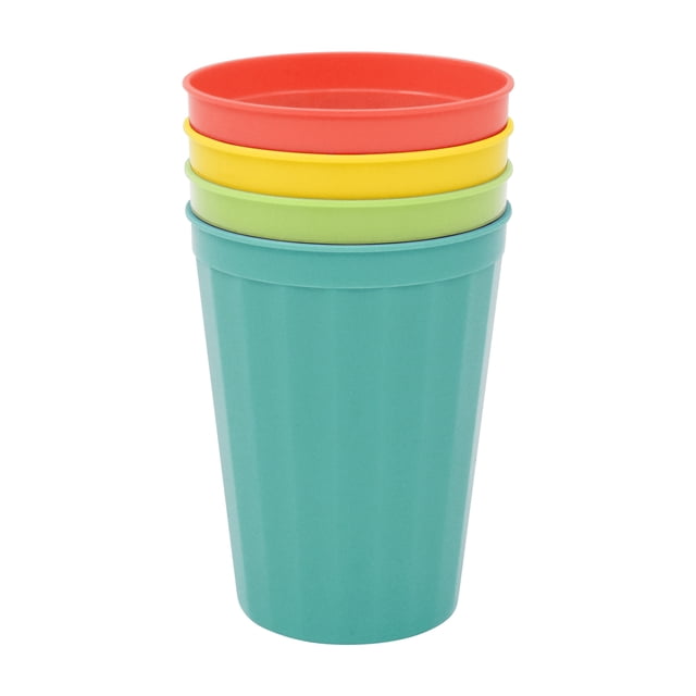 Mainstays 4 pack Plastic Drinking Tumbler stacked in paprika red, lemon yellow, celery green, and light blue with a gloss finish, made of lightweight, unbreakable plastic measuring 3.23 by 4.13 inches, suitable for indoor and outdoor use and often used as reusable cups for casual gatherings.
