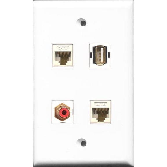 RiteAV 1 Port RCA Red and 1 Port USB A-A 2 Port Cat6 Ethernet White Wall Plate