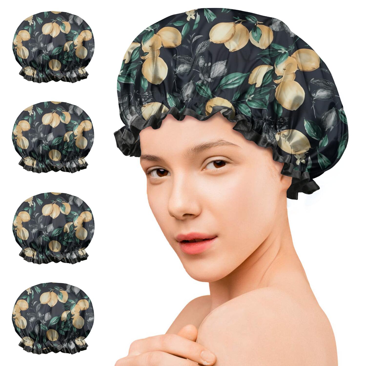 Shower Caps,Yellow Lemon Fruit Leaves Black Pattern Waterproof Shower Cap for Women 4 Pieces,Double Reusable Hair Cover for Shower PEVA Elastic Stretch Hem