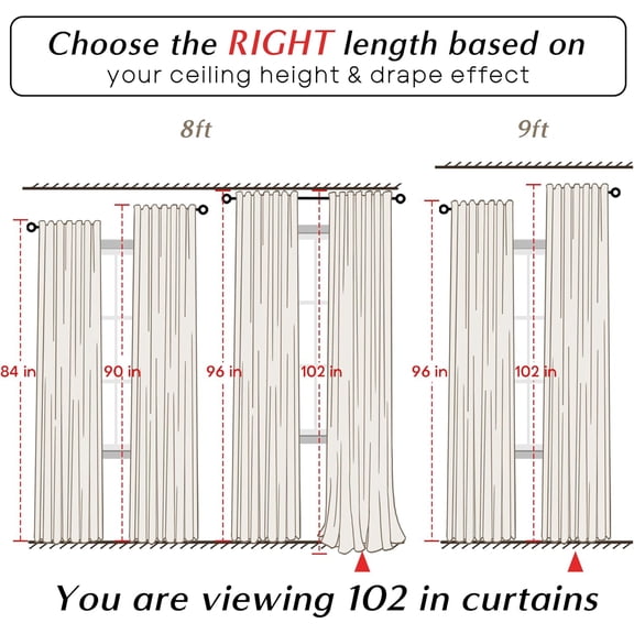 102 Inch Long Curtains 2 Panel Set, Pleated Linen Black Out Back Tab Darkening Thermal Insulated Blackout Extra Long Curtains Drapes for Living Room, with Hooks Rings, 52x102 in Length, Cream Ivory