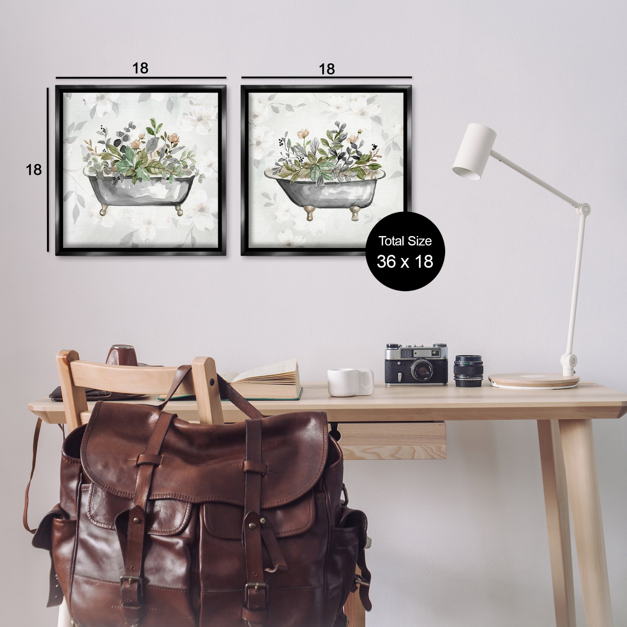 Stupell Industries Gray Muted Watercolor Flower Tub Bath & Laundry Painting Black Floater Framed Canvas Art Print Wall Art, 18 x 18, Set of 2