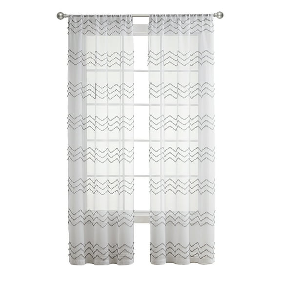 Your Zone White/Grey Tufted Chevron Rod Pocket Sheer Curtain Panel, 38" x 84"