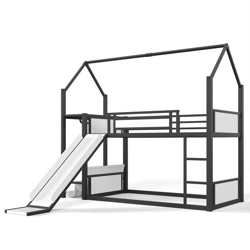 Twin Over Twin Metal Bunk Bed with Slide, LED Hanging Area, Fabric Storage Shelf, Power Outlet, House-Shaped Playhouse Frame, Safety Guardrails, Ladder, Low Profile Kids Bunk Bed