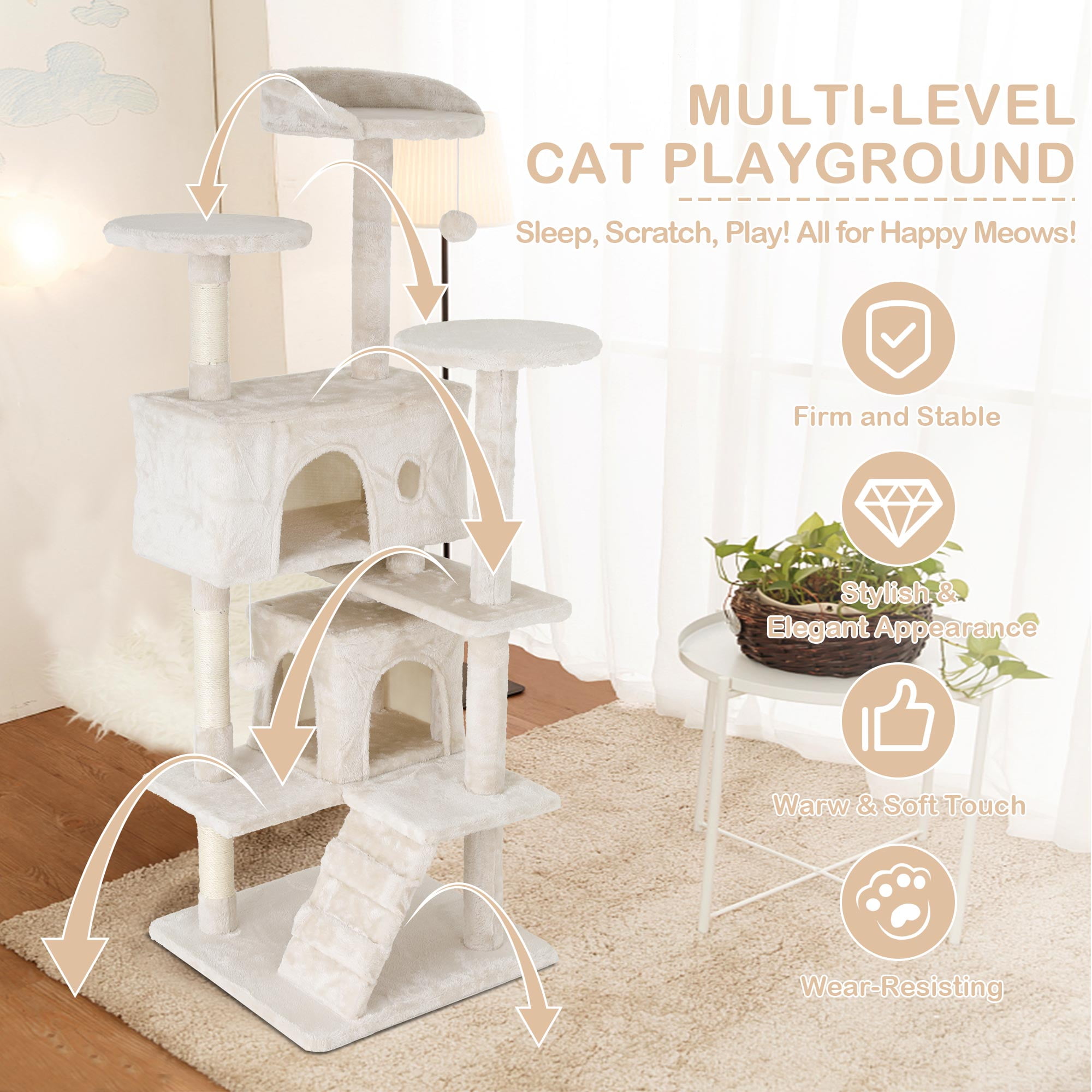 CL.HPAHKL 54in Cat Tree Tower, Multi-Level Cat Tower Furniture Activity Center with Platform Scratching Posts Stand House Condo and Toy, Cat Condos for Indoor Cats Kitten Activity Relaxing, Beige