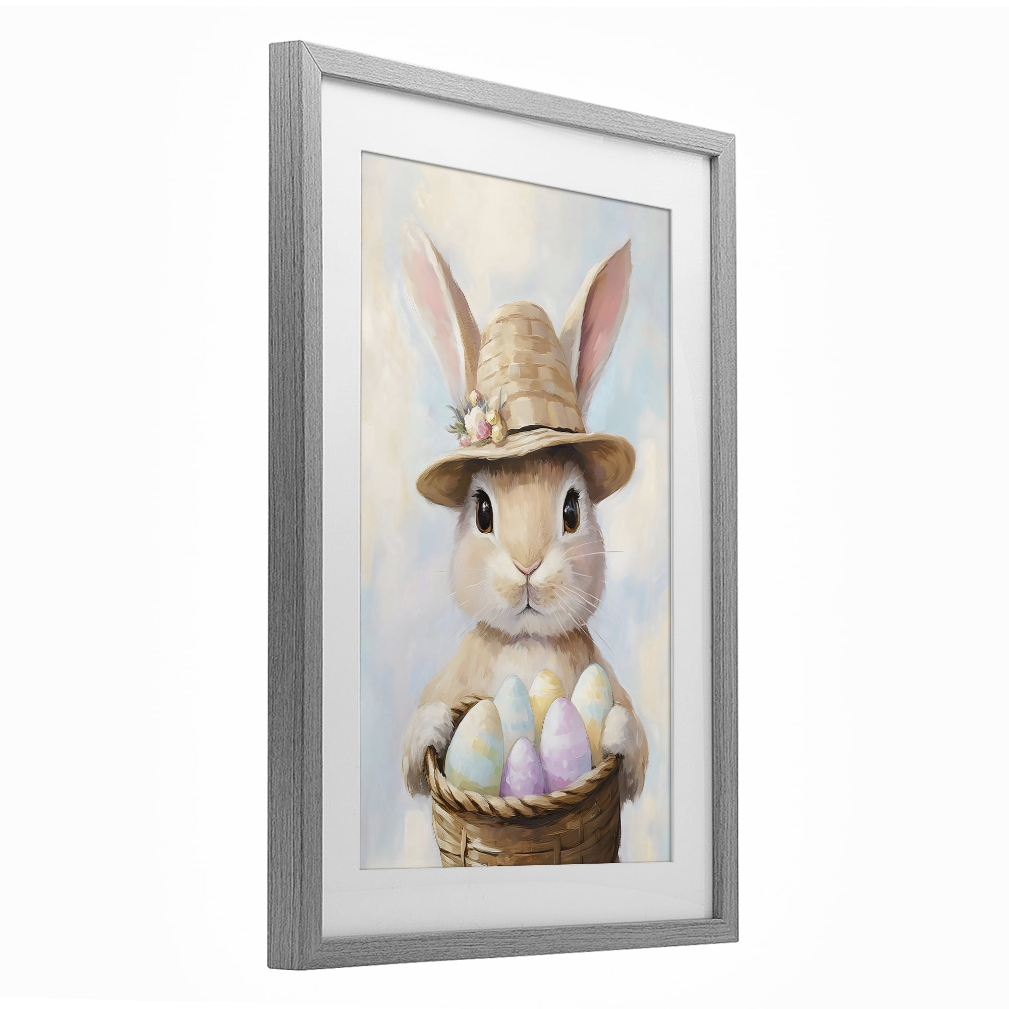 Stupell Industries Bunny with Easter Egg Basket Gray Framed Print Under Glass, design by The Prints Vibe