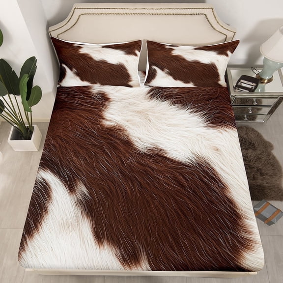 Cow Print Fitted Sheet Twin,Highland Cow Bed Sheets,3D Cattle Animals Bed Set,Cut Cow Hair Bedding Set with 1 Pillowcase,(No Top Sheet)