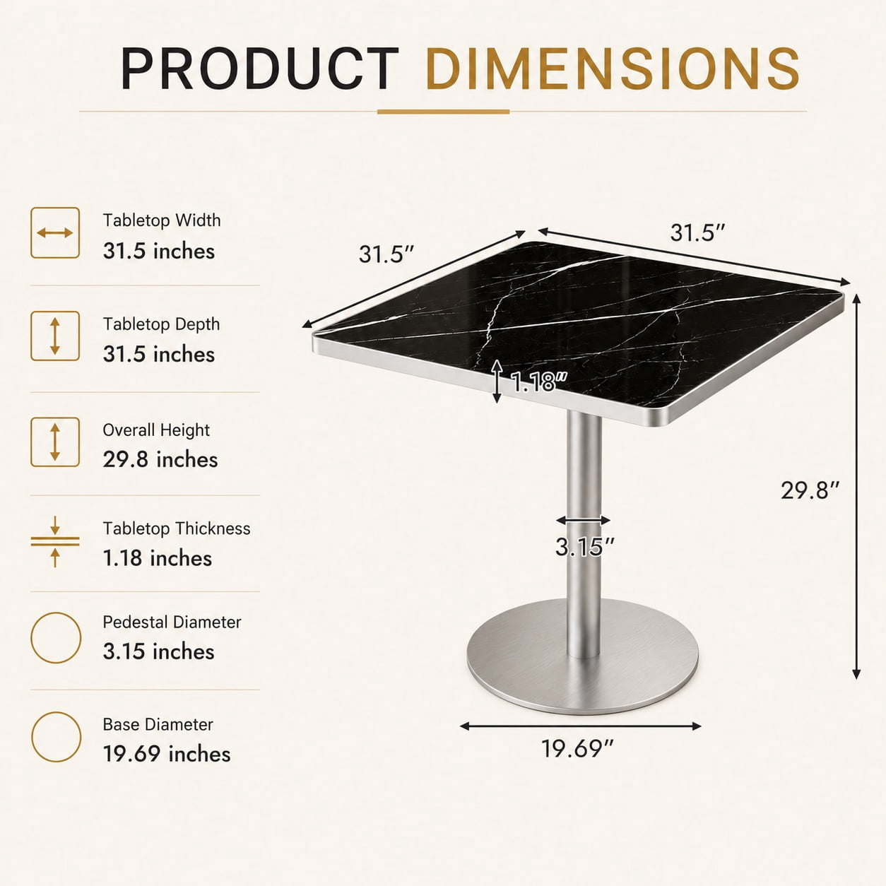Aukfa 31.5" Square Dining Table for 2-4, Marble-Look Sintered Stone Top, Silver Pedestal Base, Small Spaces,Obsidian Black