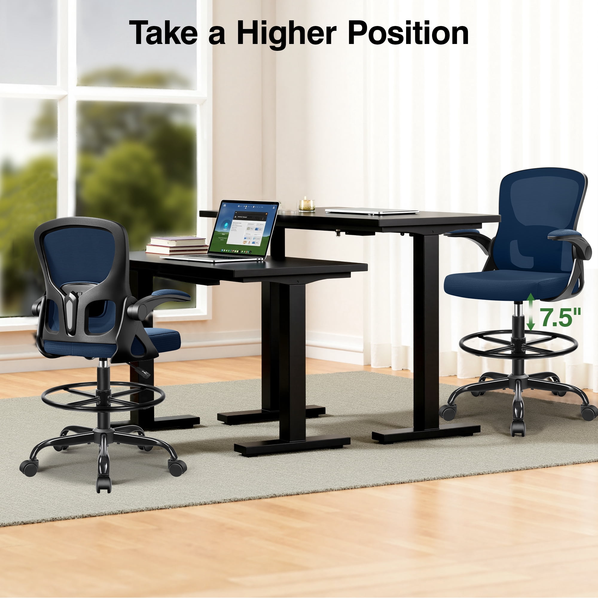 ATHOPE Office Chair Ergonomic Desk Chairs, Mesh Computer Chair with Flip-up Armrests, Adjustable Home Office Desk Chair with Lumbar Support Footrest Ring for Standing Desk, Navy Blue