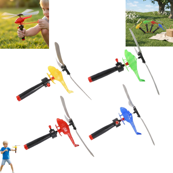 4 Pack Manual Pull Cord Flying Helicopter Toys, 360° Rotating Hand Launch Airplane Playset for Outdoor Backyard Kids Play, Classroom Rewards and Holiday Small Gifts