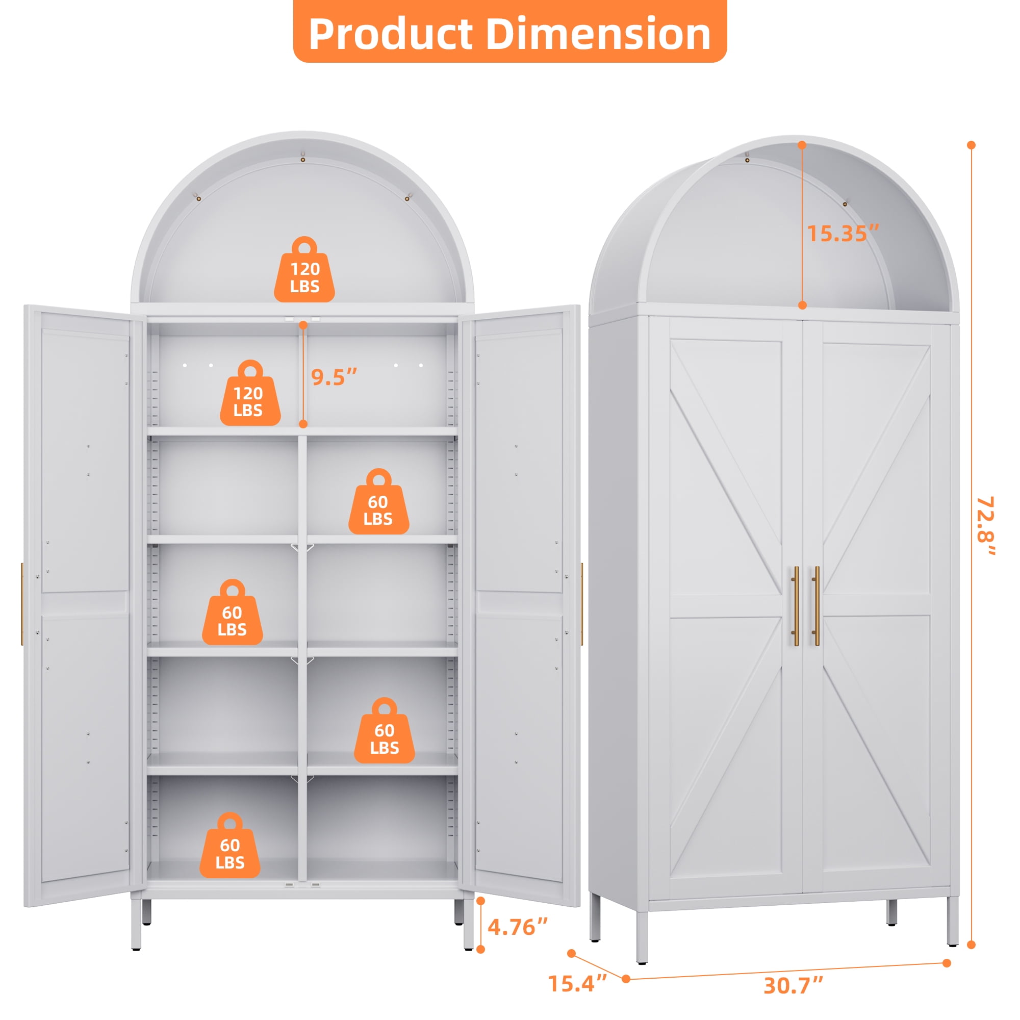 GangMeri 73-inch Tall Arched Kitchen Pantry Storage Cabinet,  Farmhouse Cabinet with Doors and Adjustable Shelves, Tall Freestanding Cupboard for Pantry, Dining Room, Living Room,Garage,Bath(White)