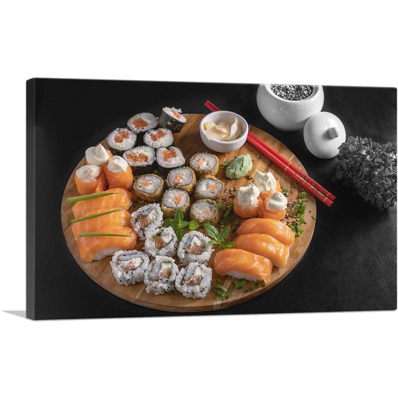 ARTCANVAS Sushi Rolls Maki Nigiri Dish With Chopsticks Canvas Art Print - Size: 60" x 40" (1.50" Deep) (3-Piece)