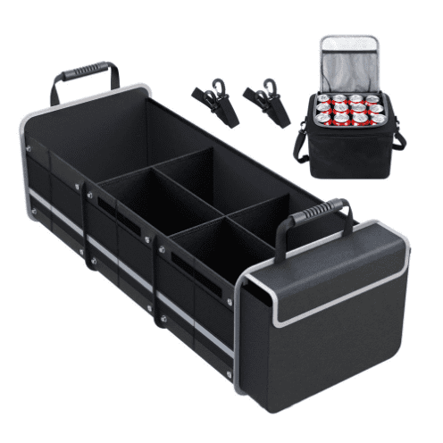 4-in-1 Collapsible Trunk Organizer, Multi-Compartment Storage Box with Insulated Cooler Bag, Black