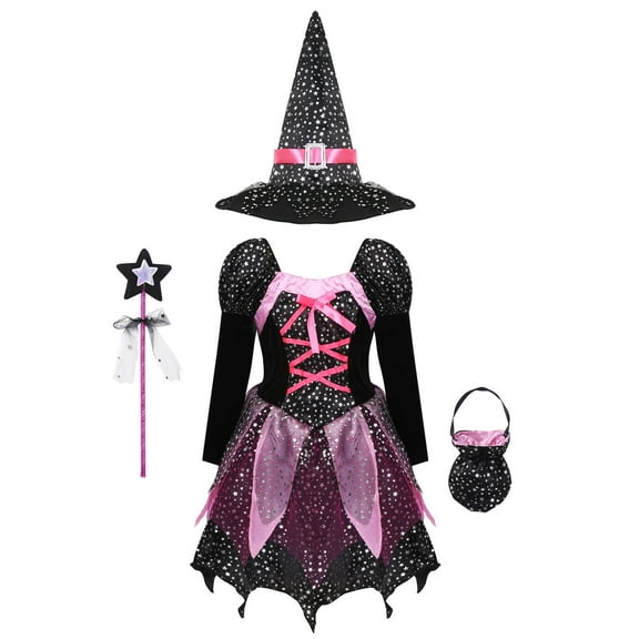 Aislor Kids Girls Witch Halloween Costume Shiny Sequins Cosplay Tutu Dress with Hat Wand Candy Bag Set A Black 9-10