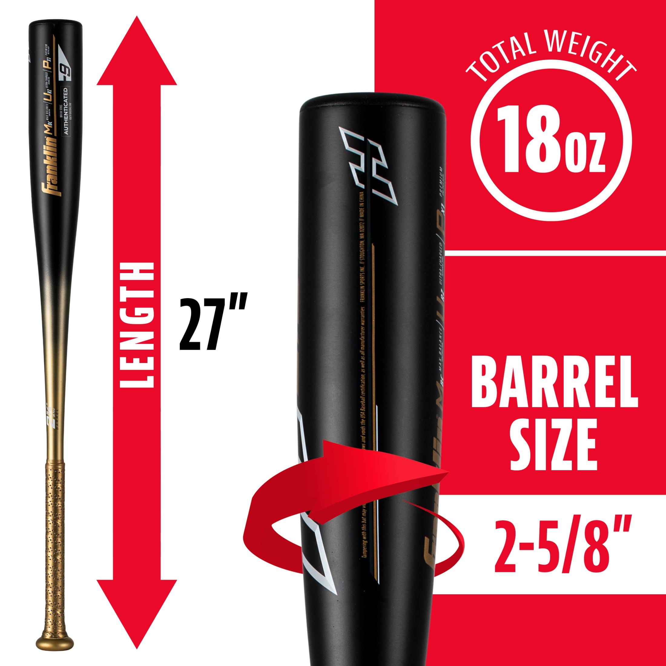 Franklin Sports Heist 900 Youth Aluminum Baseball Bat, 27 in/18 oz, Drop -9, Black